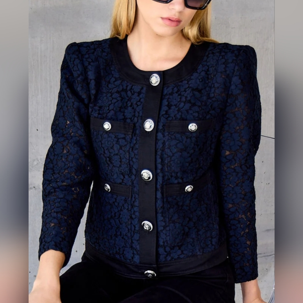 Beautiful EllieTahari Jacket Blue Lace / Black Banding And Decorative Buttons